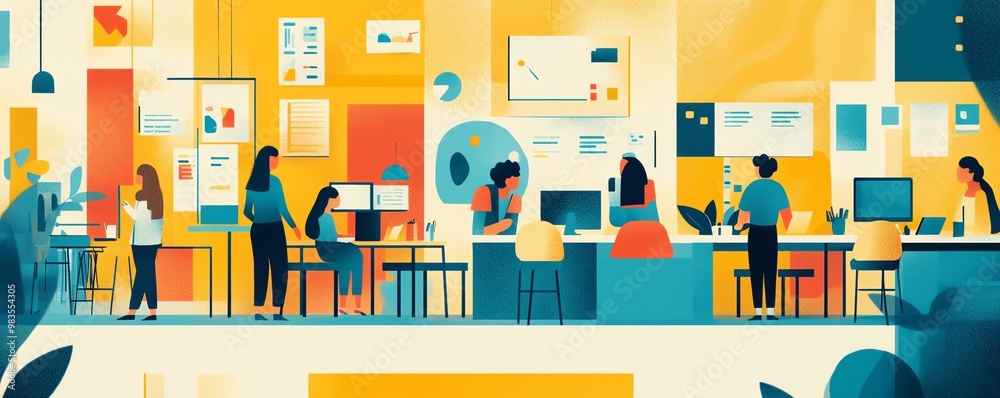 Poster dynamic scene showcasing adults involved in different lifelong learning environments, such as worksh