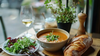 A cozy table setting with a bowl of hot soup, a crusty baguette, and a side of mixed greens in a charming.