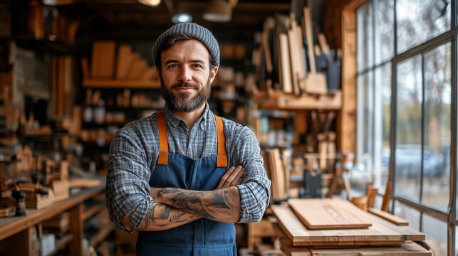 A confident young woodworker stands proudly with arms crossed in his workshop. He wears a checkered shirt, apron, and beanie, showcasing a blend of craftsmanship and modern style.