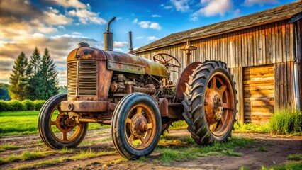 Obraz premium Old rusty industrial tractor with a flat back tire in a vintage farm setting