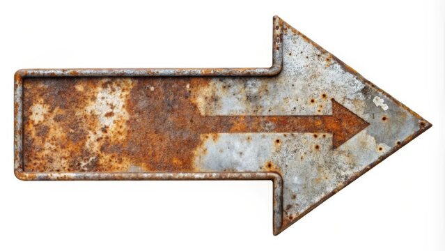 Rusty pipe arrow road sign made of galvanized iron isolated on white background