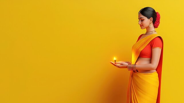 A woman in a vibrant yellow saree holds a traditional diya against a bright yellow background, symbolizing light and festivity.
