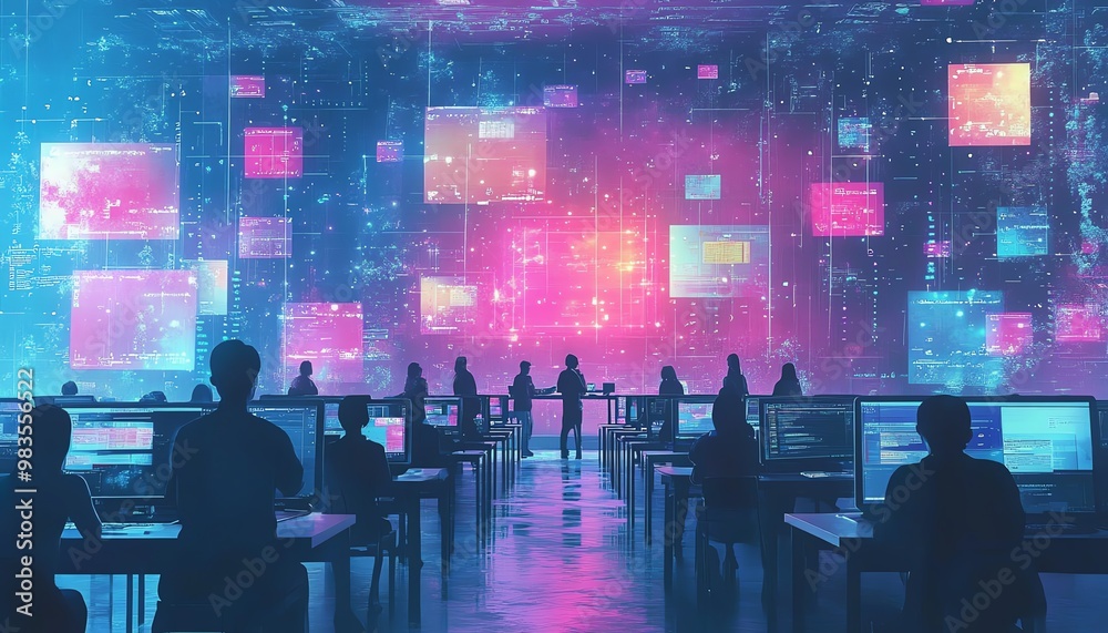 Poster stylish depiction of a lifelong learning environment with interactive digital platforms, diverse lea