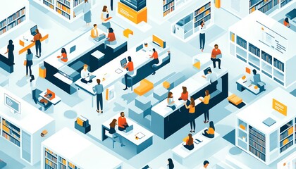 Stylish depiction of a lifelong learning environment with interactive digital platforms, diverse learners, and a clean, contemporary setting