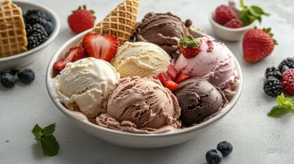 A delicious and creamy bowl of gelato in various flavors, with a waffle cone and fresh fruit garnishes.
