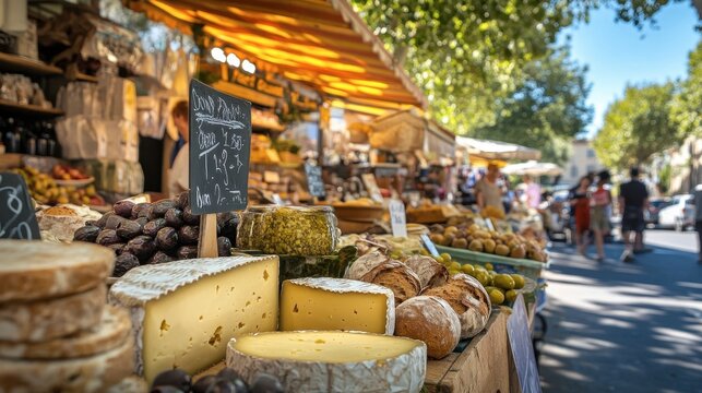 Fototapeta A farmer's market in Provence, with stalls of cheese, bread, and olives under a bright blue sky.