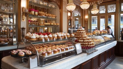 A French patisserie filled with clairs, tartelettes, and mille-feuilles, all beautifully arranged.