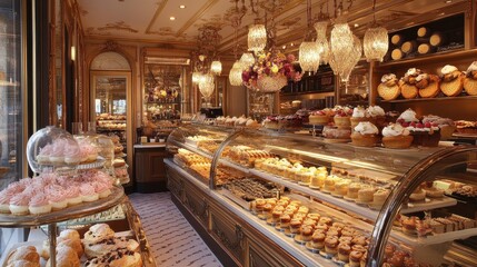 A French patisserie filled with clairs, tartelettes, and mille-feuilles, all beautifully arranged.