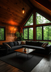 A cozy living room with a couch, coffee table, and potted plant. The room has a warm and inviting atmosphere, perfect for relaxing and spending time with family and friends