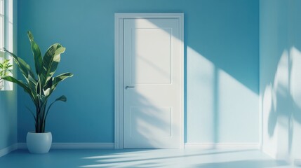 Blue interior featuring a white door rendered in 3D