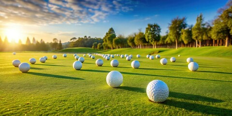 Tranquil Golf Course Practice Session with Lined Up Golf Balls on Fairway