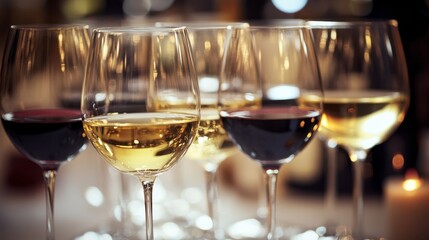 A high-end wine tasting event with elegant glasses of red and white wines, and a refined ambiance.