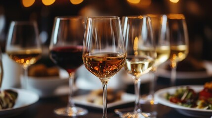 A high-end wine tasting event with elegant glasses of red and white wines, and a refined ambiance.