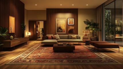 Fototapeta premium Elegant living room with mid-century modern furniture, a large rug, and warm lighting, creating a stylish and cozy environment