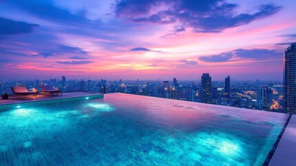 A high-rise hotel pool in Bangkok offering a stunning view of the cityscape below.