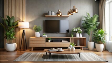 Modern living room interior mock up with TV cabinet, lamp, table, flower, plant decoration for home design inspiration