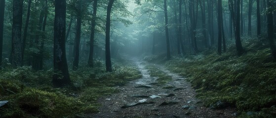 Fototapeta premium Forest Path Under Gray Sky: Serene Woodscape with Towering Trees and Earthy Tones