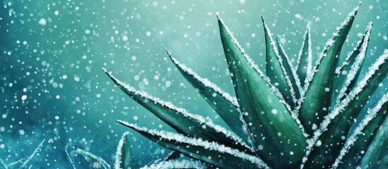Unexpected snowfall blankets the leaves of an aloe vera plant