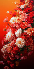 A painting of a bouquet of flowers with a red background. The flowers are in various colors and sizes, and they are arranged in a way that creates a sense of movement and depth