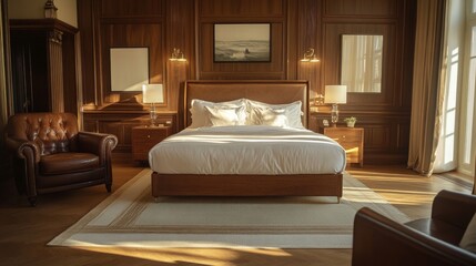 Spacious bedroom with a luxurious king-size bed, wooden accents, and soft, elegant lighting, creating a calm and inviting atmosphere