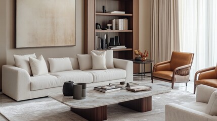 Stylish living room with modern decor, sleek furniture, and a marble coffee table, paired with a minimalist shelving unit and neutral tones