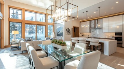 Fototapeta premium Ultra-modern dining room with a sleek glass table, geometric lighting, and chic upholstered chairs, framed by an open concept layout