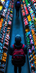 Obraz premium A person wearing a red backpack is walking down a grocery aisle. The aisle is filled with a variety of food items, including fruits and vegetables. The person appears to be focused on their shopping
