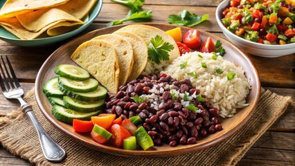Traditional Costa Rican Lunch of Gallo Pinto with Rice, Beans, Vegetables, and Tortillas