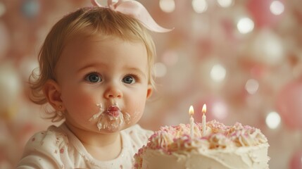 Baby girl blowing out candle on first birthday cake, festive confetti wall