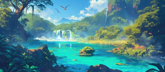 Vibrant landscape painting featuring a panoramic view of lush wetlands and navigable lagoons in a tropical rainforest A stunning representation of nature s beauty