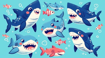 Obraz premium Retro Cute Shark Design Illustration Suitable for T shirts Mugs Lunchboxes Wallpapers Wrappers Posters and Banners Ideal for Kid s Products Vector Art