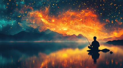 Fototapeta premium Mindfulness depicted as a person fishing for positive thoughts in a lake of consciousness