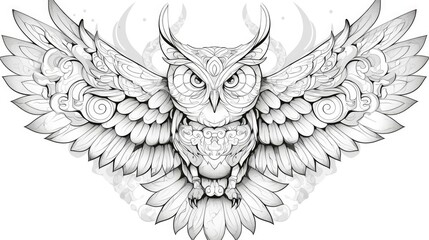 Zentangle style owl illustration filled with decorative patterns designed for adult coloring book pages and stress relief ink drawing