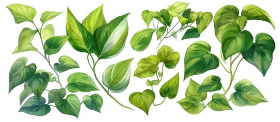 Fototapeta premium Painting of Homalomena leaves featuring green foliage and white stems isolated on a white background with a clipping path