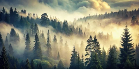 Vintage hipster foggy mountain landscape with fir forest in retro style