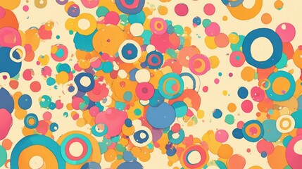 Fototapeta premium Vibrant abstract circles in shades of blue red pink green and yellow create a playful textile pattern suitable for children featuring a multicolored background with pastel accents