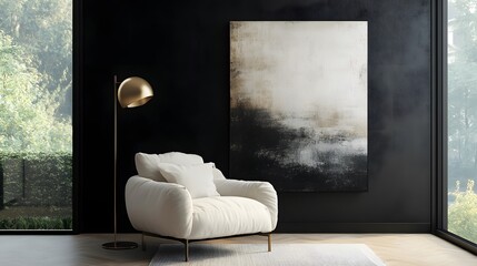 A modern living room interior with a white armchair, a gold floor lamp, and a large abstract painting hanging on a black wall.