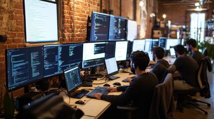 Software developers engaged in pair programming, surrounded by multiple screens