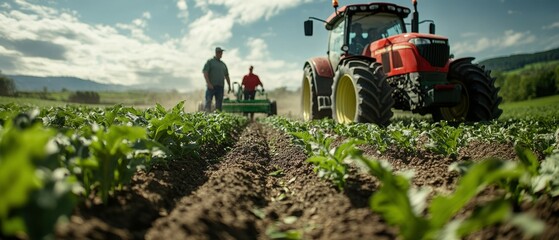 Agricultural workers operating advanced farming equipment in smart fields