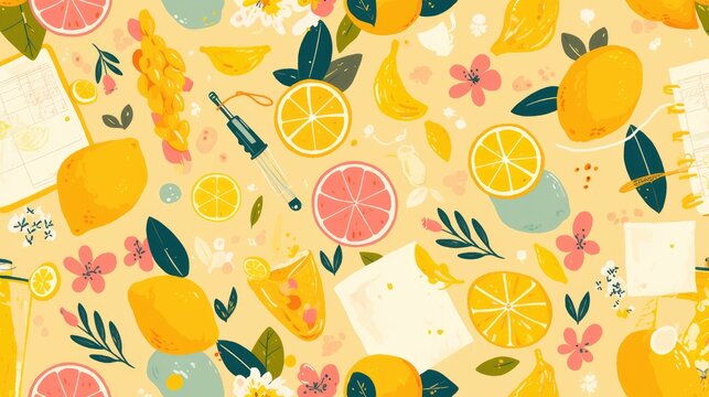 Summer planner illustration featuring a lemonade pattern Designed for weekly entertainment planning this charming template caters to kids schedules in a vector flat style