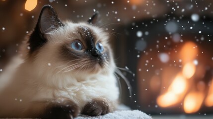 Himalayan cat watching snowflakes fall from a cozy spot by the fireplace