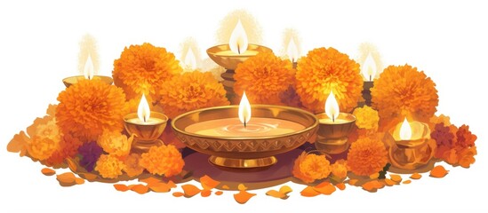 Decorative puja thali featuring diya marigold flowers and various petals isolated on a white background with selective focus