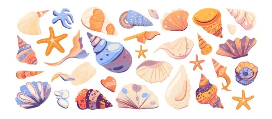 Collection of diverse sea shells arranged and isolated on a white background Stacked image