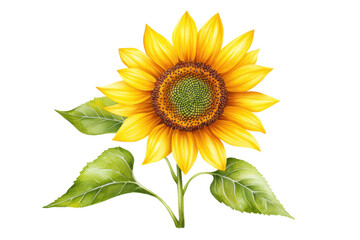 Obraz premium Bright sunflower with vibrant yellow petals and green leaves, watercolor and PNG.