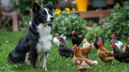Border collie herding a group of free-range chickens in a backyard garden