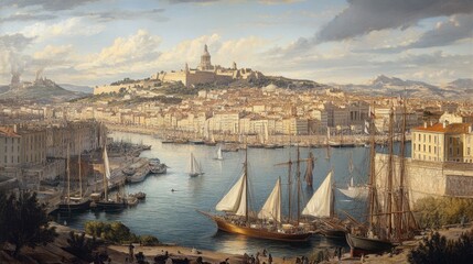 A panoramic view of the port of Marseille, with the basilica of Notre-Dame de la Garde overlooking the city.