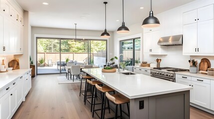 Modern kitchen with white cabinets, stainless steel appliances, and a large island with bar stools. The kitchen has sliding doors that open to a patio.