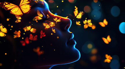 A woman's face is painted with butterflies. The butterflies are in various sizes and colors, and they are scattered all over the face. Scene is whimsical and playful