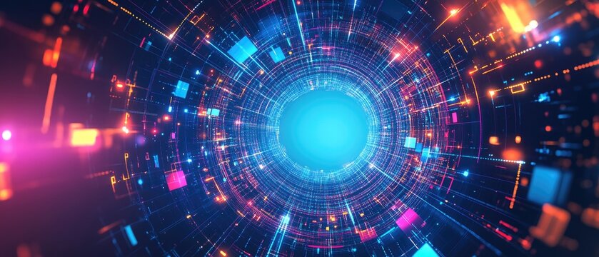Futuristic abstract background featuring a tech circle with a central blank space enhanced by multi colored glowing neon beams and dynamic cube perspectives against a blue gradient backdrop