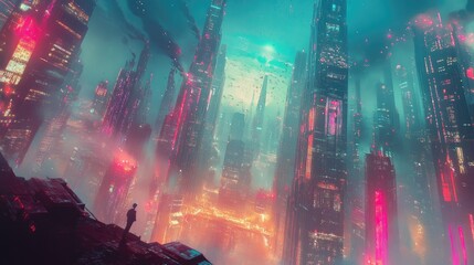 Futuristic surreal landscapes featuring vibrant cityscapes and otherworldly settings Digital illustration suitable for posters album covers and creative artwork design Surreal concept art